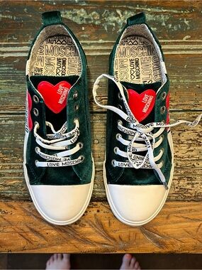 Moschino Green Velvet Sneakers with Red Heart Accent